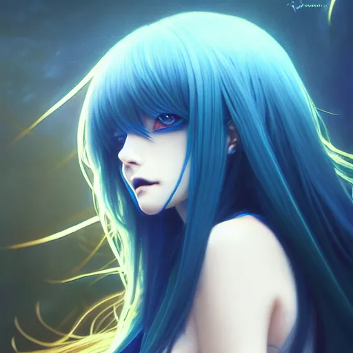 Prompt: attractive long blue - haired girl with bangs gothic anime character with gold eye color, fantasy, screenshot, anime, sharp focus, intricate, illustration, cell shaded, oil painting, highly detailed, concept art, matte, art by ilya kuvshinov and kyoto animation and wlop, and greg rutkowski, studio quality, james jean, artem demura