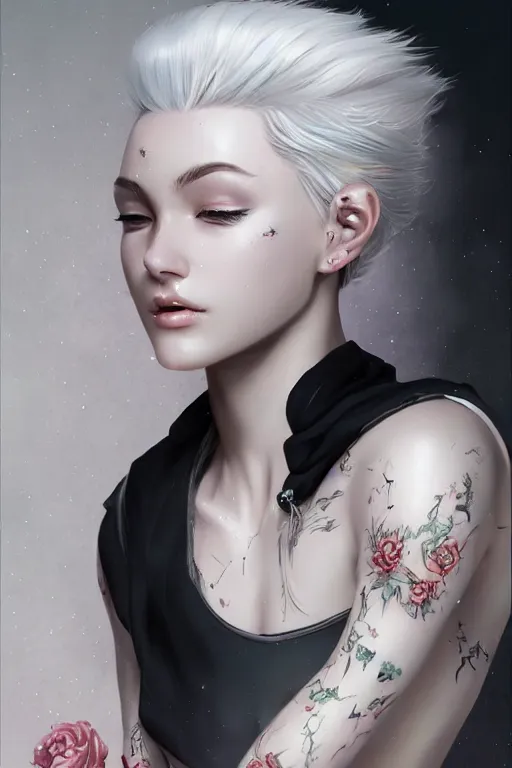 Image similar to teen girl, few speckle skin, tatoo, white hair, gorgeous, amazing, elegant, intricate, highly detailed, digital painting, artstation, concept art, sharp focus, illustration, art by Ross tran and kuvshinov