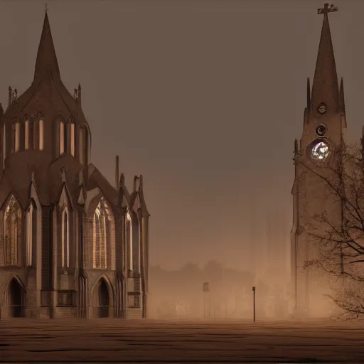 Image similar to victorian church in the middle of the city, dark, misty, at night, 8 k, detailed, concept art, trending on artstation