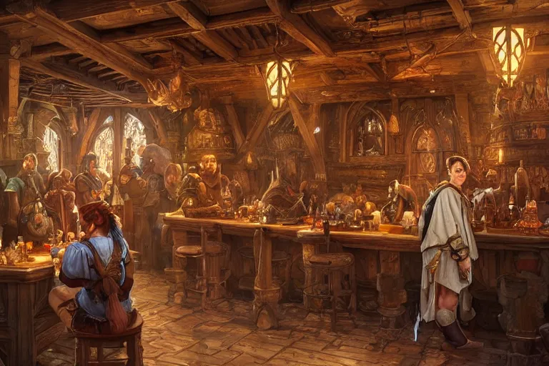Image similar to ultra realistic illustration, medieval tavern interior from warcraft and d & d, intricate, elegant, highly detailed, digital painting, artstation, concept art, smooth, sharp focus, illustration, art by artgerm and greg rutkowski and alphonse mucha