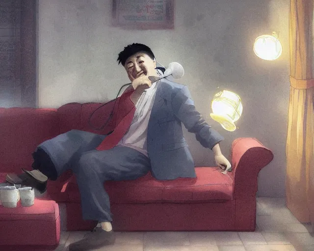 Prompt: a 50 year old brunnete happy chinese man with puffy cheeks sitting on a couch at home and talking on the phone with a worried face, anime art, Greg Rutkowski, studio ghibli, dramatic lighting