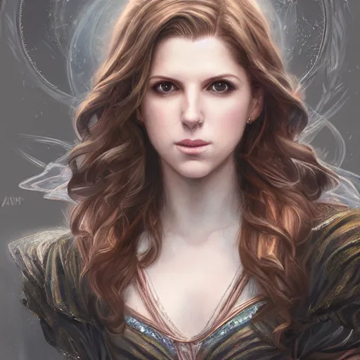 Image similar to a portrait of anna kendrick as a sorceress, urban motifs, intricate, elegant, highly detailed, digital painting, trending on artstation, concept art, smooth sharp focus, illustration, art by artgerm and greg rutkowski