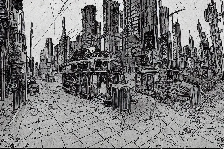 Prompt: bus stop at silent dark city, post apocalyptic city street by Moebius