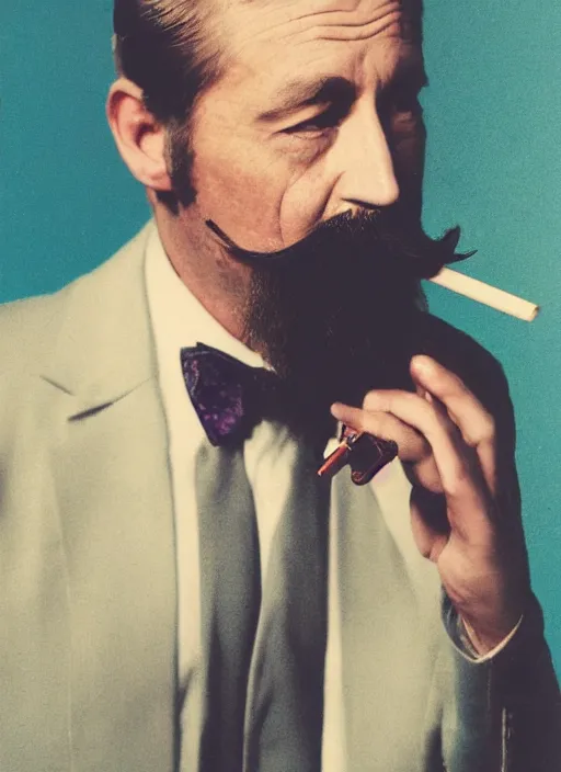 Prompt: color polaroid picture of a cool man with a mustache in his 4 0's smoking. diffuse background