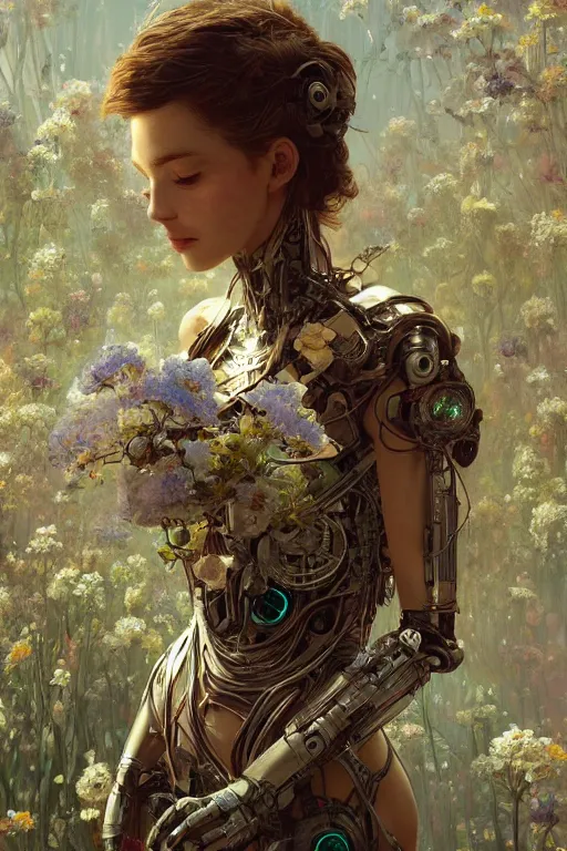 Image similar to ultra realistic, robot broken woman lying flower garden, cyberpunk, sci - fi, fantasy, intricate, elegant, highly detailed, digital painting, artstation, concept art, smooth, sharp focus, illustration, art by artgerm and greg rutkowski and alphonse mucha