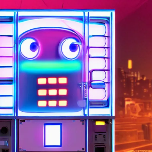 Image similar to friendly sentient robot vending machine smiling with a face of pastel led lights, made of cheap materials, selling cheap junk food in a city comprised of light matter, set in the distant future, plants, light prisms, rainbow diffraction, steampunk, cyberpunk, robots, warm lights, anime, vhs distortion, art style mimics starlight brigade by game grumps