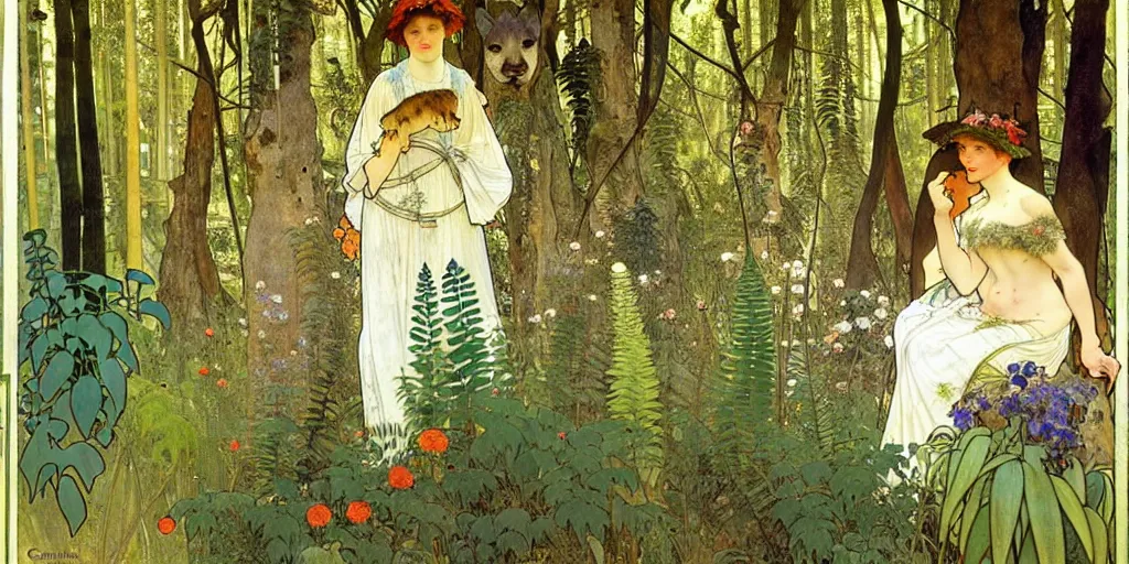 Image similar to a beautiful painting of wild animals in the woods with vines and ferns and flowers, painted by carl larsson and alphonse mucha