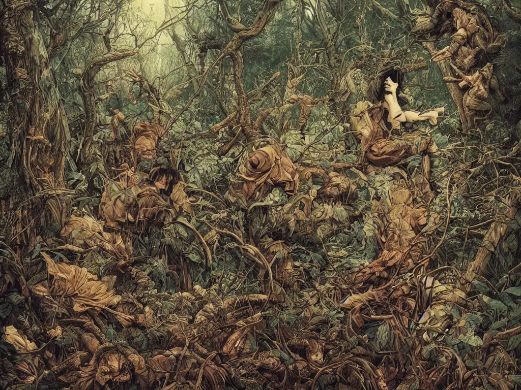 Prompt: gamekeepers hunt on crazy splinter in mystical forest. josan gonzales and dan mumford, ayami kojima, takato yamamoto, barclay shaw, karol bak, yukito kishiro