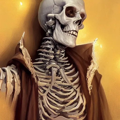 Image similar to portrait of an undead skeleton necromancer, D&D, fantasy, highly detailed, digital painting, artstation, smooth, sharp focus, illustration, art by artgerm and greg rutkowski and alphonse mucha
