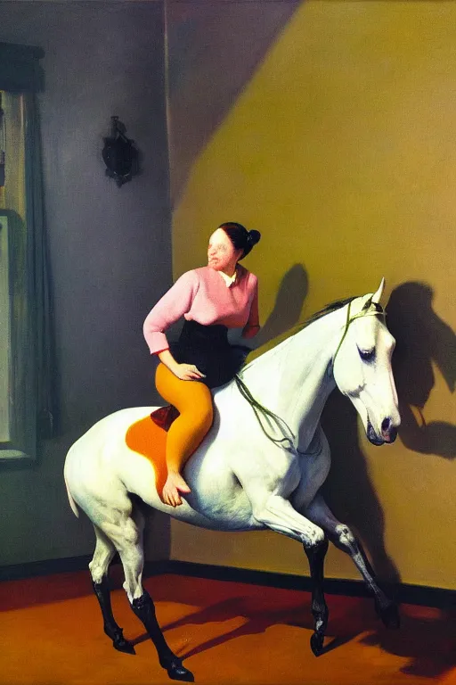 Image similar to a woman mounting a horse that looks like a man, hauntingly surreal, highly detailed painting by francis bacon, edward hopper, adrian ghenie, gerhard richter, and james jean soft light 4 k,