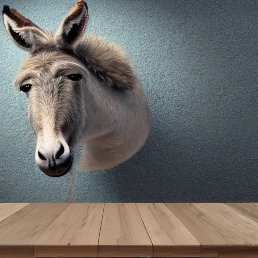 Prompt: a donkey on a table, 4 k, very realistic, photorealistic, very detailed, volumetric lighting