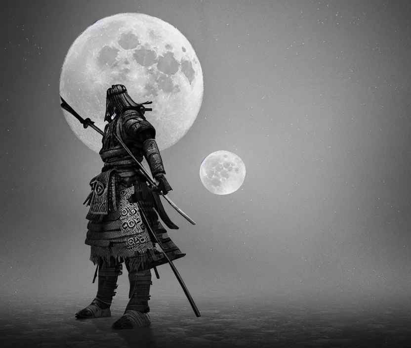 Image similar to '2d design graphic a samurai in the night ,big white moon background , gloomy and foggy atmosphere, octane render, artstation trending, horror scene, highly detailded style of Moebius, black and white ink '