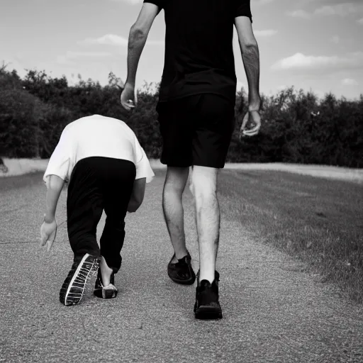 Prompt: black and white cat walking on the back of a man wearing a black t - shirt and blue shorts