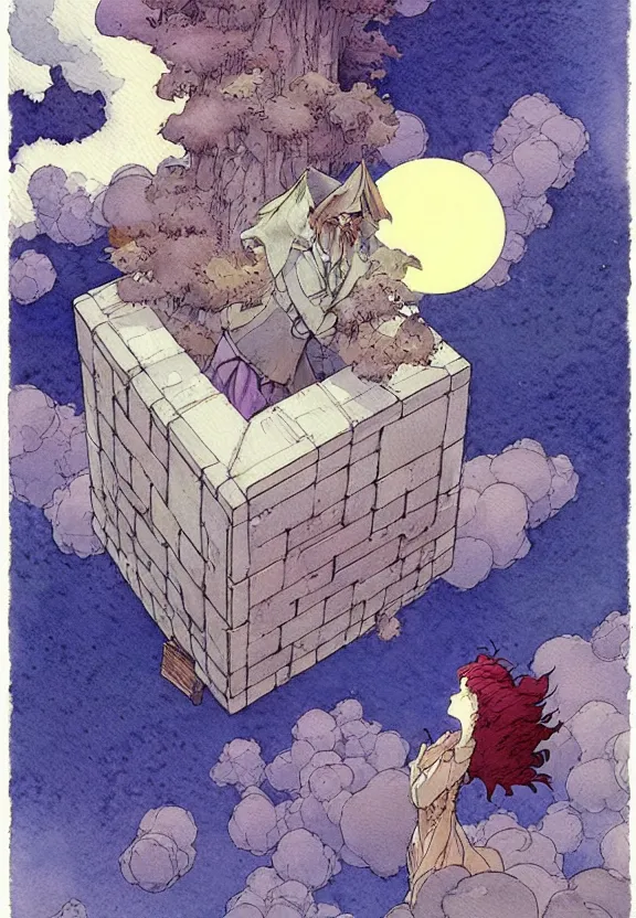 Image similar to a simple watercolor fantasy concept art of a giant sc - fi grey cube floating in the air. by studio ghibli, rebecca guay, michael kaluta, charles vess