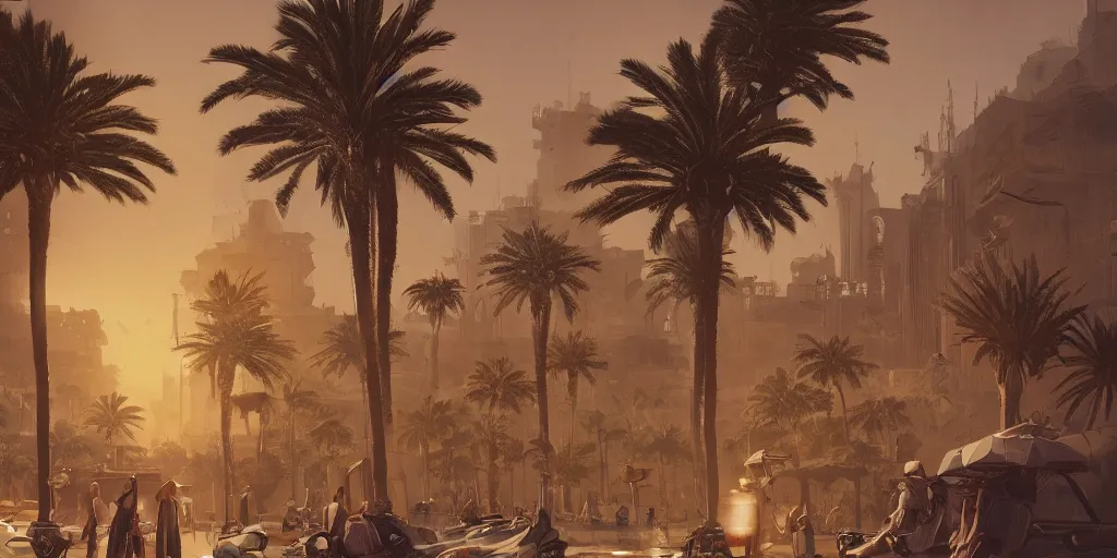 Prompt: Futuristic Marrakech, palm trees ,WLOP, James Jean, tom bagshaw, rococo, trending on artstation, fantasy, intricate, elegant, highly detailed, digital painting, concept art, smooth, illustration, cinematic lighting, hyper realism, octane render, 8k, hyper detailed.