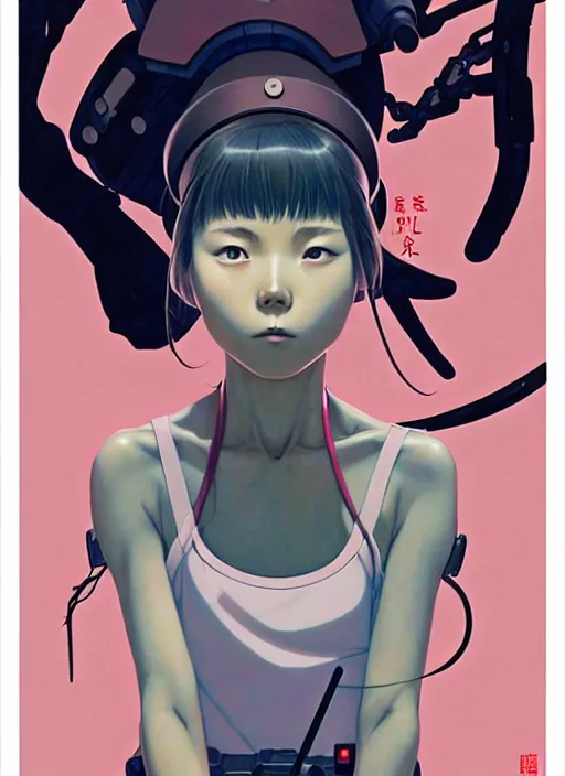 Image similar to Artwork by James Jean and Phil noto and hiyao Miyazaki ; a young Japanese future police lady named Yoshimi battles an evil natures carnivorous robot on the streets of Tokyo; Art work by hiyao Miyazaki, Phil noto and James Jean