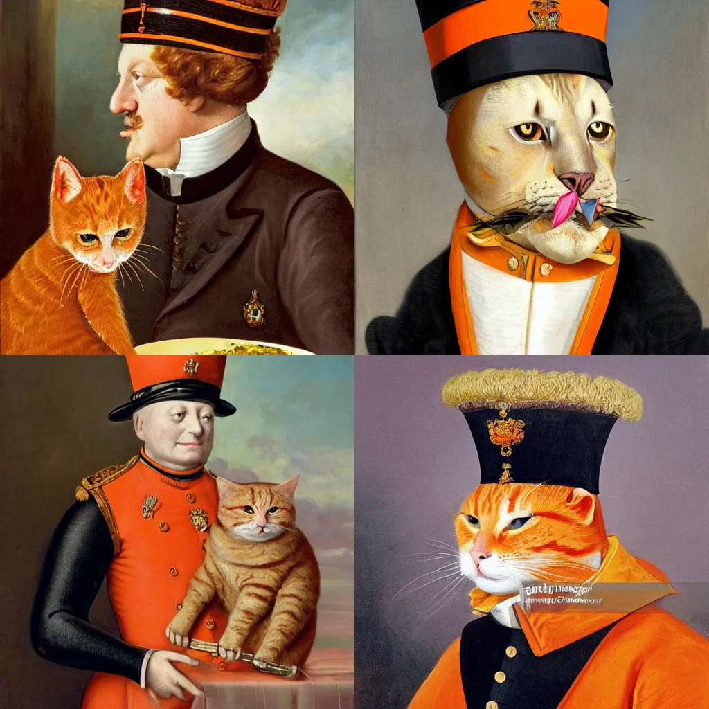 Prompt: Painting of the orange cat Otto von Garfield, Count of Bismarck-Schönhausen, Duke of Lauenburg, Minister-President of Prussia. Depicted wearing a Prussian Pickelhaube and eating his favorite meal lasagna