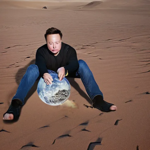 Image similar to elon musk clipping his toenails in the desert, fighting a satellite, creepy, 50mm