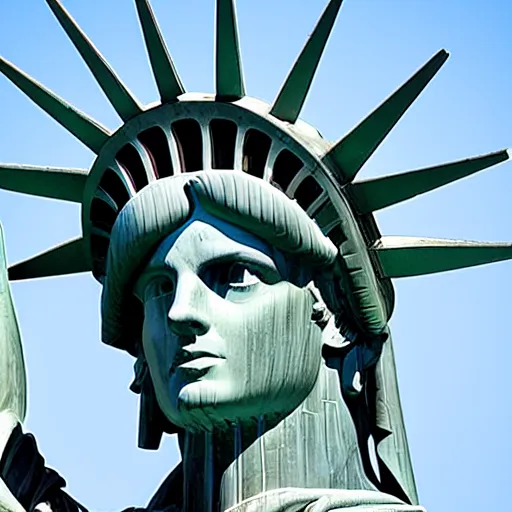 Image similar to Tom Holland as the statue of liberty, photography, realistic, close up