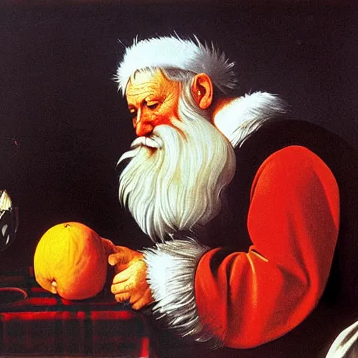 Prompt: Father Christmas eating oranges Painted by Caravaggio