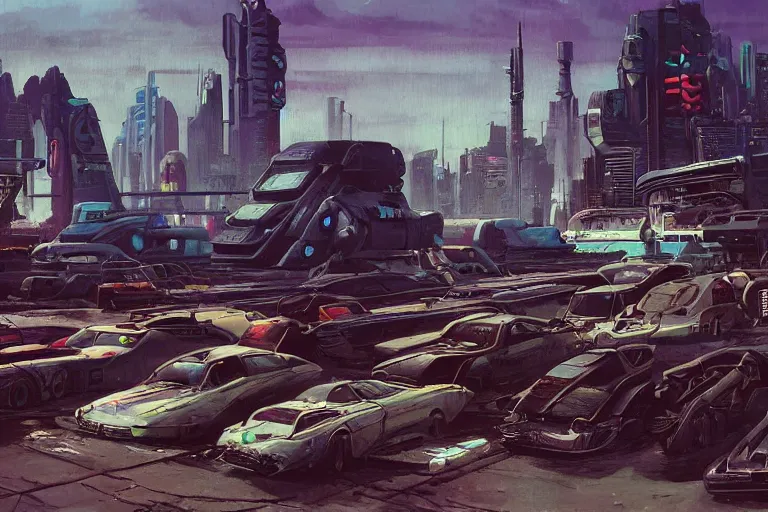 Image similar to junkyard. in cyberpunk style by Vincent Di Fate