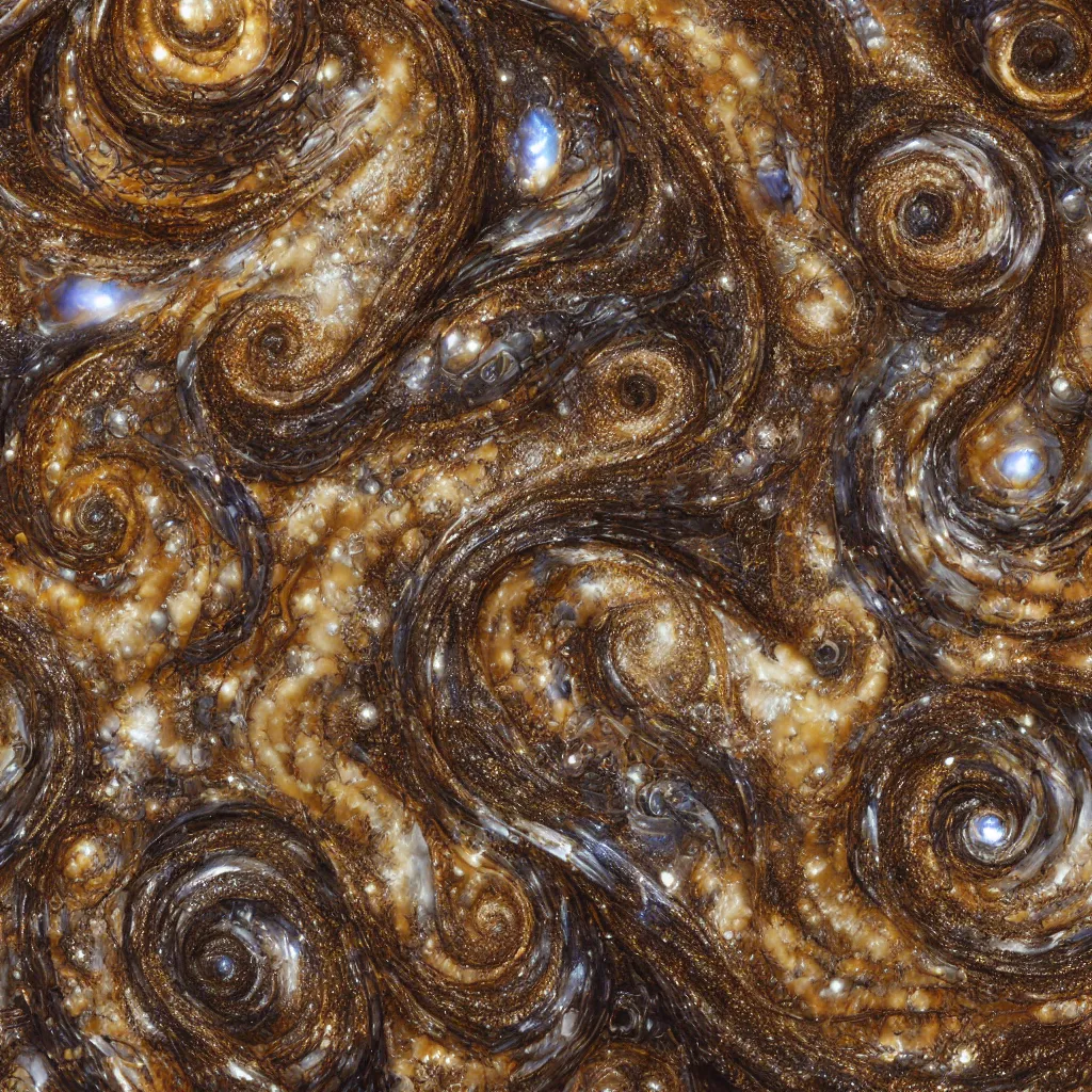 Prompt: fractured galaxy spiral seashells, cyclone seahorse ivory sculpture, detailed fractal patterns, macrophotography, ochre and umber powders, encrusted with dark opals and gold, hyper realistic intricate and complex, fine art photography, trending