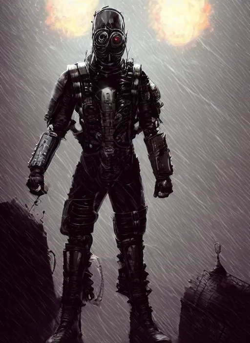 Image similar to An epic fantasy comic book style portrait painting of A genetically engineered super soldier, wearing black jagged armor and a metal gas mask, with sci fi futuristic lights and cybernetics. He is posing at the edge of a gothic building in a cyberpunk imperial russian city with white hot flames in his clawed leather gloved hands. It's a rainy night. Pale white male long curly blond hair. Unreal 5, DAZ, hyperrealistic, octane render, cosplay, RPG portrait, dynamic lighting