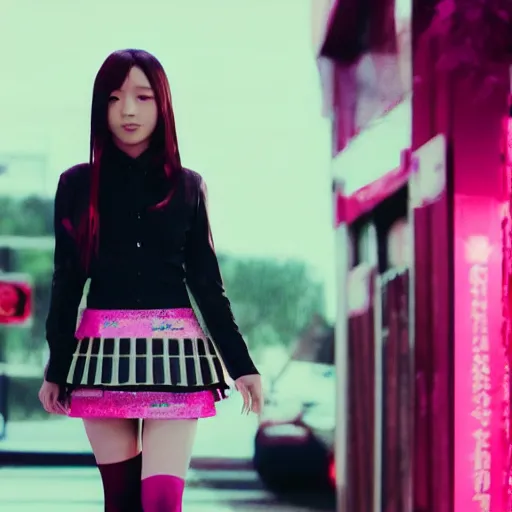 Prompt: a dynamic, epic cinematic 8K HD movie shot of a japanese beautiful cute young J-Pop idol actress yakuza rock star girl wearing shirt, miniskirt, tights, high heels boots, gloves and jewelry. Motion, VFX, Inspirational arthouse, at Behance, with Instagram filters