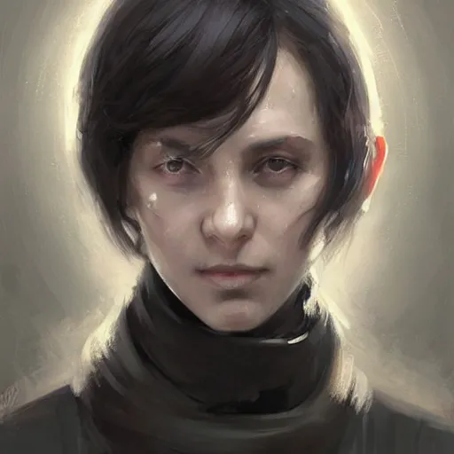 Image similar to Portrait of a woman by Greg Rutkowski, she is about 20 years old, round face, mixture between german and russian, black bob hair, attractive, determined but resentful look, she is wearing futuristic military fatigues with a black scarf, highly detailed portrait, scifi, digital painting, artstation, concept art, smooth, sharp foccus ilustration, Artstation HQ.