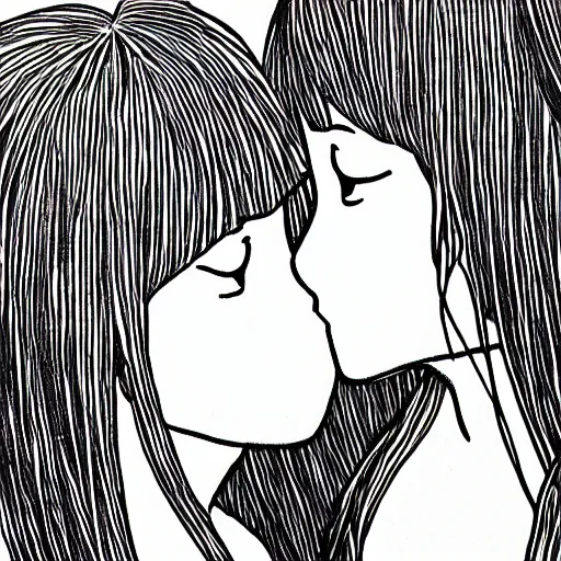 Image similar to portrait of two girls kissing, detailed manga art