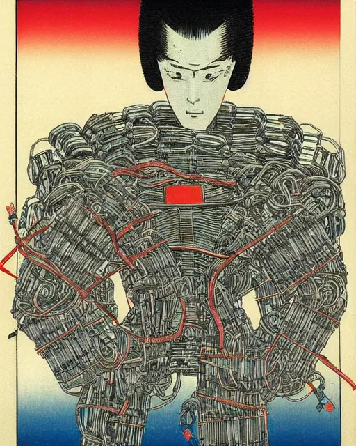 Image similar to Hiroshige portrait of a robot saint made of cables and robotic pod by Claudio Mazzoli