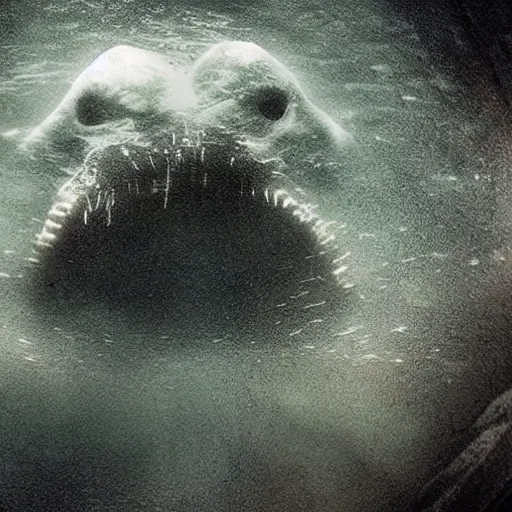 Image similar to sea monster about to eat pov underwater, pale skin, dark yellowish water, foggy water, dark, dramatic,'silent hill ', big eyes, alluring and terrifying, cinematic