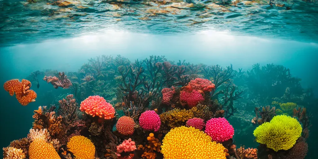 Image similar to a great photograph of the most amazing golf hole in the world, perfect light, under water, colorful coral reef, ambient light, 5 0 mm, golf digest, top 1 0 0, fog