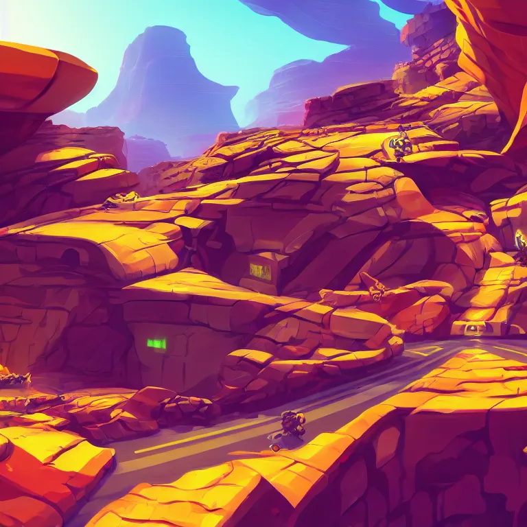 Image similar to marketing game illustration, distortion camera of a scifi road into the rocks canyon very fast feeling in the style of Blizzard and Riot Games