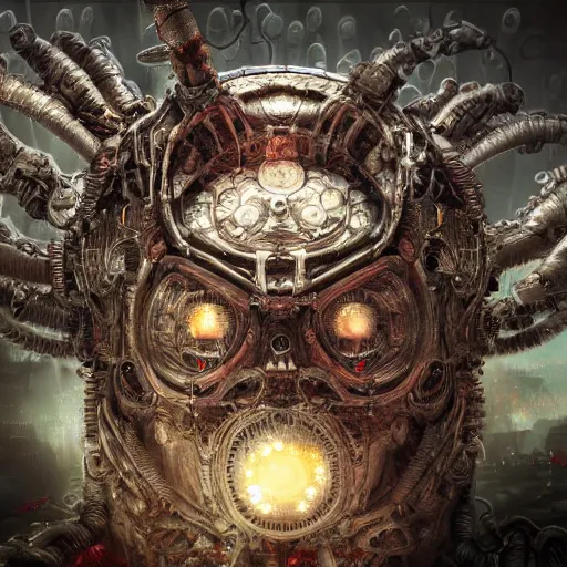 Image similar to cybernetic demon dreaming, lsd, circuitry, intricate detail, royo, whealan, giger, klimt, hd, octane render,