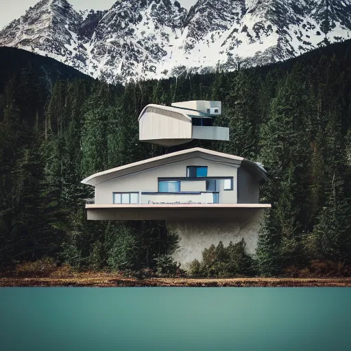 Image similar to wes anderson style modern futuristic house near the lake, snowy mountains and green forest, cinematic, realism, photo, detailed