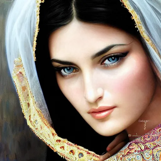 Image similar to Beautiful face Portrait of young arab Monica Bellucci, blue eyes with transparent contact lenses, long wavy black hair, white veil, closeup, focus face, colored, middle eastern, dramatic lighting, intricate, wild, highly detailed, digital painting, artstation, concept art, smooth, sharp focus, illustration, art by artgerm and greg rutkowski and alphonse mucha, footage from space camera