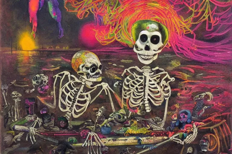 Image similar to scene from fishing, day of the dead, cyber skeleton, neon painting by otto dix