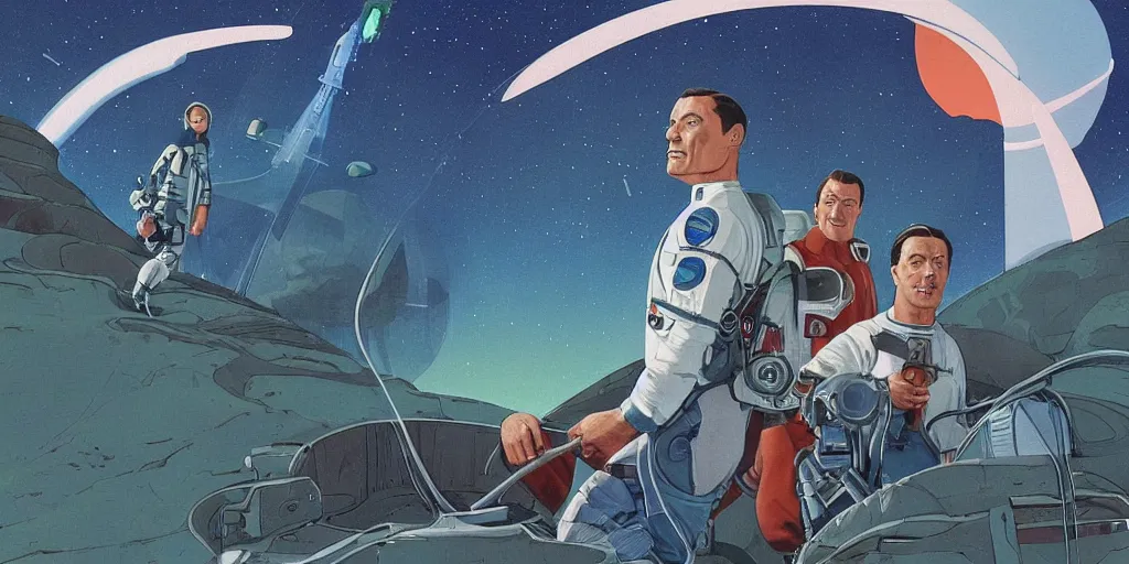 Prompt: a portrait of stallone and van damm pilots in spacesuit on roof over field forrest spaceship station landing laying lake artillery outer worlds in FANTASTIC PLANET La planète sauvage animation by René Laloux