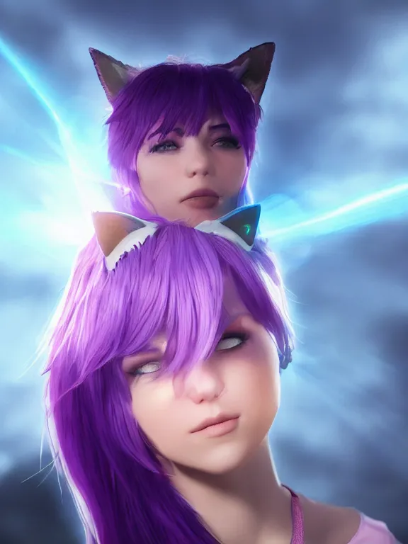 Prompt: A young adult with purple hair and cat ears floating on a cloud ultra realistic , lens flare, atmosphere, glow, detailed, intricate, full of colour, cinematic lighting, trending on artstation, 4k, hyperrealistic, focused, extreme details, unreal engine 5, cinematic, masterpiece