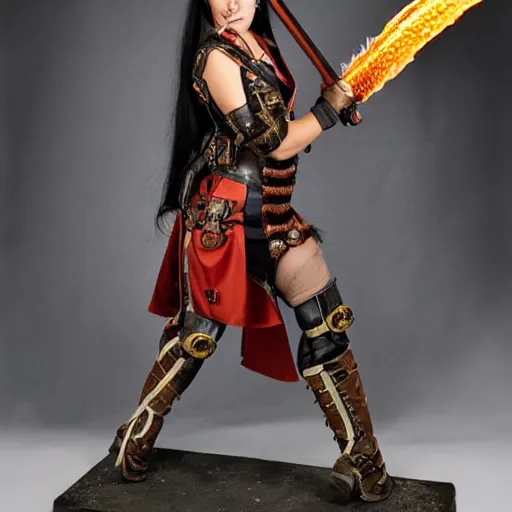 Image similar to full shot photo of a steampunk female warrior with flaming sword