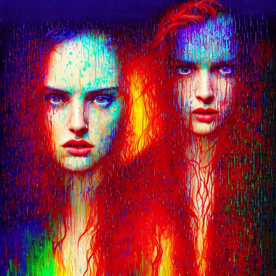 Image similar to bright asthetic portrait of LSD in rain with wet hair and face, liquid, fantasy, intricate, elegant, dramatic lighting, highly detailed, lifelike, photorealistic, digital painting, artstation, illustration, concept art, smooth, sharp focus, art by John Collier and Albert Aublet and Krenz Cushart and Artem Demura and Alphonse Mucha