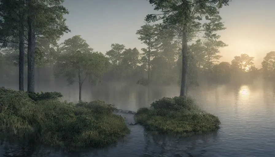 Prompt: ecological huge built on a lake with paths and roads around it, sunrise light, florida, volumetric light, hyperdetailed, artstation, cgsociety, 8 k