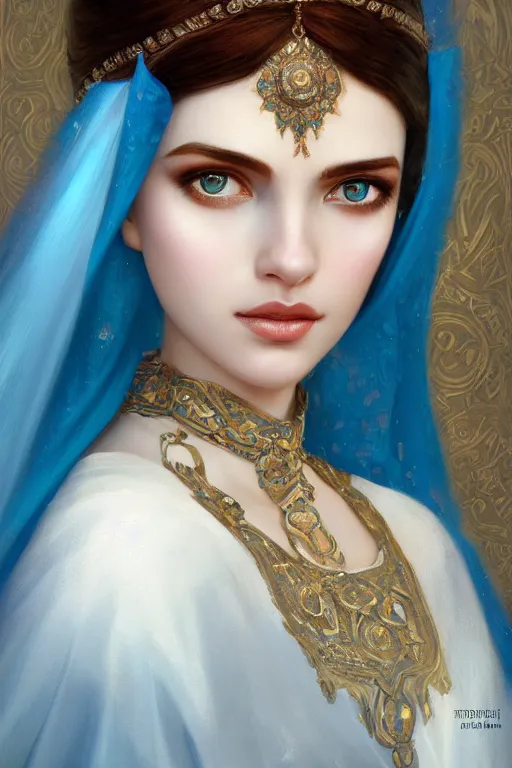 Image similar to arab ameera al taweel, bright blue eyes, long wavy black hair, white veil, front closeup, cinnamon skin color, elegant, highly detailed, centered, oil painting, artstation, concept art by tom bagshaw