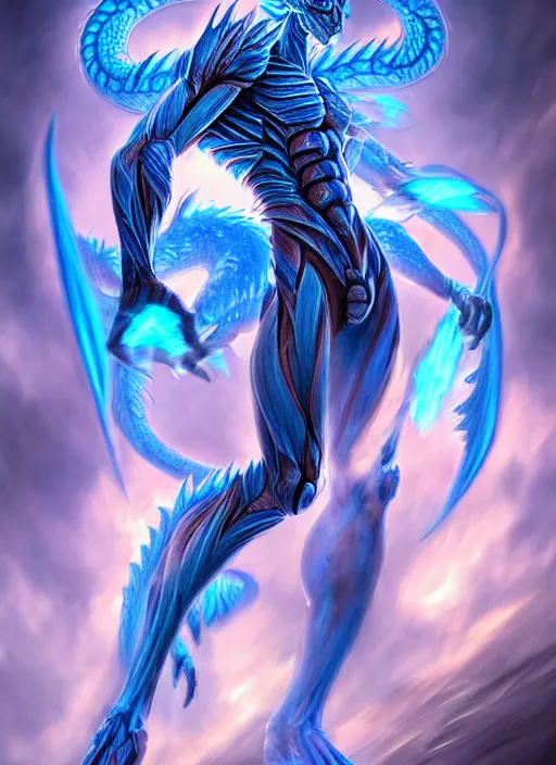 Image similar to muscular and tall blue ghostly fire humanoid dragon!!!! draconian!! intricate ornate iridescent exoesqueleton!! character concept art, sharp focus, octane render! unreal engine 5! highly rendered!! trending on artstation!! detailed linework!! illustration by artgerm, wlop, and chie yoshii