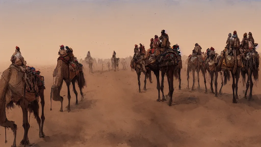 Image similar to view of arabian merchants lined up riding camels in the desert, watercolored, jakub rozalski, dark colours, dieselpunk, artstation