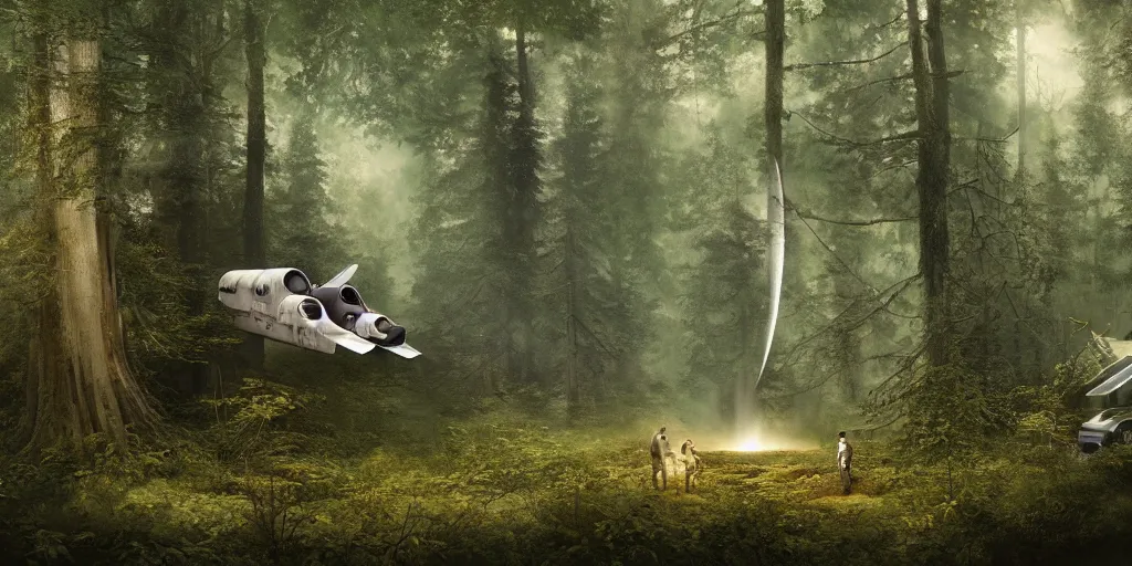 Prompt: an astronaut and a space ship in a forest, a detailed matte painting by frieke janssens, featured on cgsociety, space art, matte painting, matte drawing