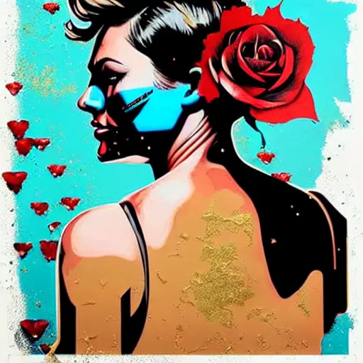 Prompt: portrait of american woman :: side profile :: in ocean :: roses and guns metal details :: gold :: blood and horror :: by marvel and Sandra Chevrier