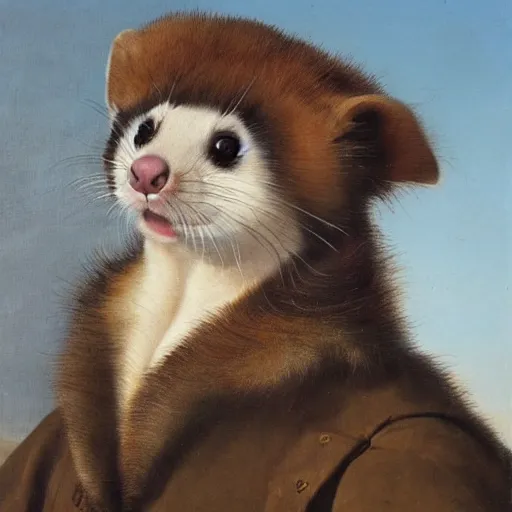 Prompt: Portrait of a Ferret with brown face markings in a general outfit , painted by Jan Willem Pieneman, Courageous, Bold, painting