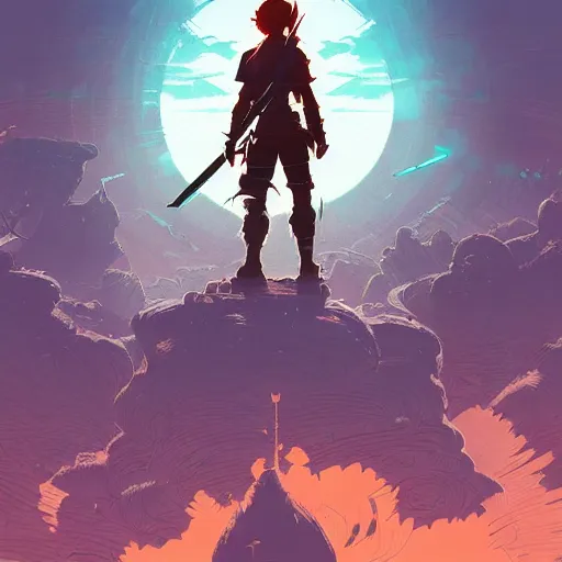 Image similar to cell shaded cartoon, warrior watching the sunrise over a battlefield,, illustration, wide shot, subtle colors, concept art by josan gonzales and wlop, laurie greasley, jordan grimmer and james jean, highly detailed, sharp focus, trending on artstation, hq, deviantart, art by artgem, in the style of breath of the wild